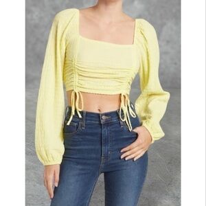 Sophie Rue Yellow Long Sleeve Runched Summer Crop Top Square Neck XS
